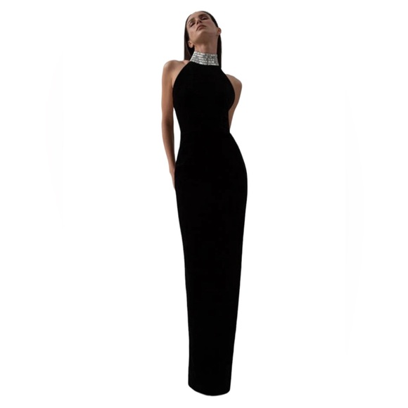 RASARIO Velvet maxi dress with a crystal embellished neck Dress - Picture 1 of 13